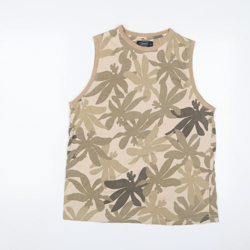 Easy Mens Beige Camouflage Cotton T-Shirt Size L Crew Neck