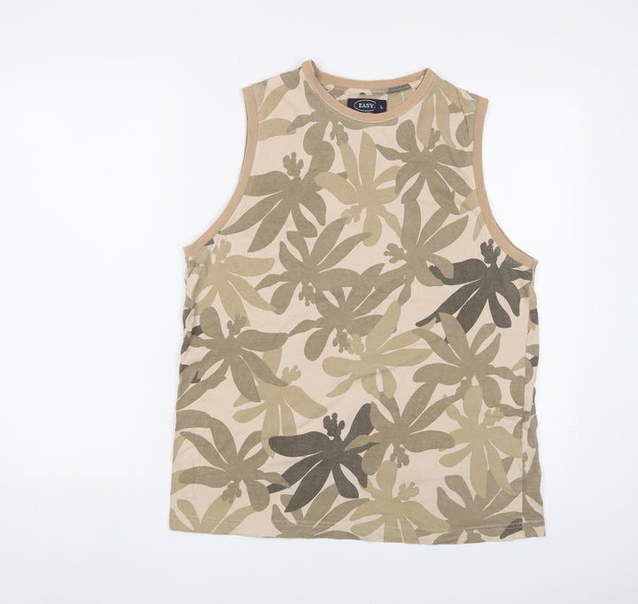 Easy Mens Beige Camouflage Cotton T-Shirt Size L Crew Neck