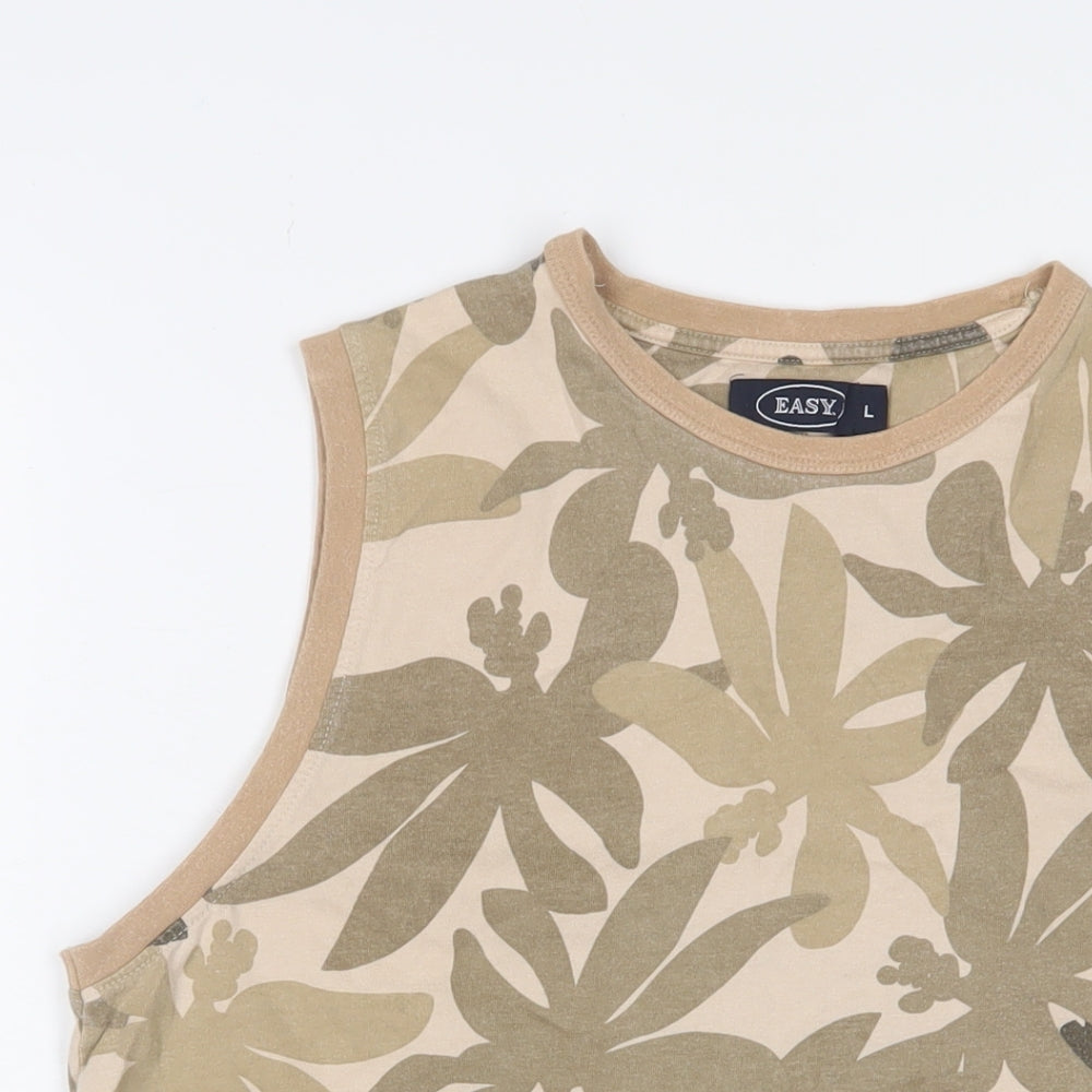 Easy Mens Beige Camouflage Cotton T-Shirt Size L Crew Neck