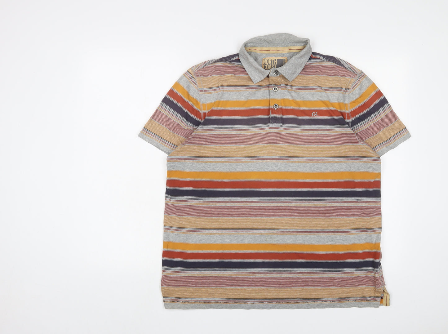 North Coast Mens Multicoloured Striped Cotton Polo Size L Collared Button