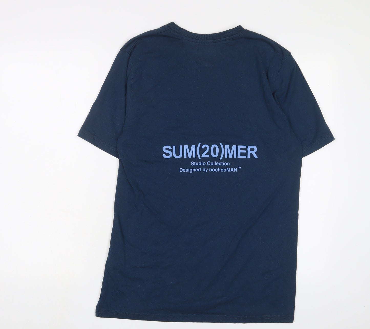 Boohoo Mens Blue Cotton T-Shirt Size L Crew Neck