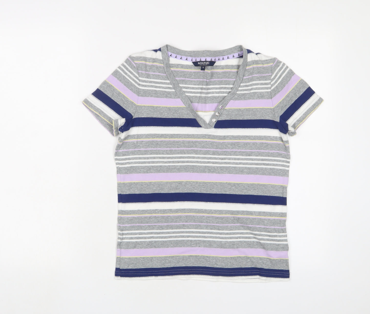 Maine Womens Multicoloured Striped Cotton Basic T-Shirt Size 10 V-Neck