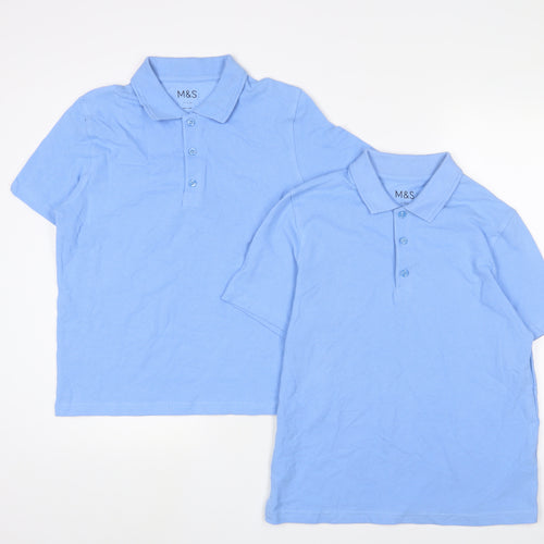 Marks and Spencer Boys Blue Cotton Basic Polo Size 11-12 Years Collared Button - School Wear. 2 Pack