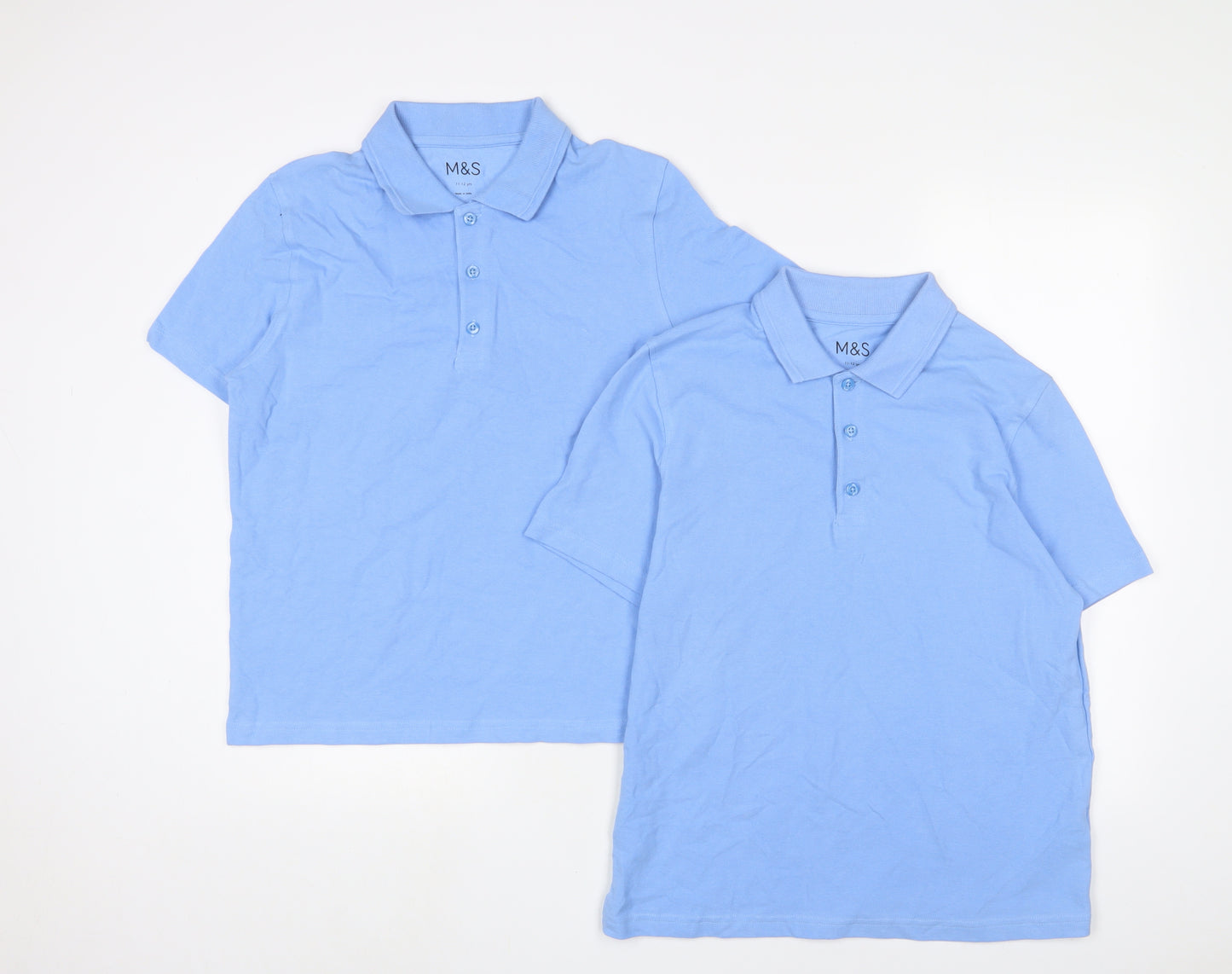 Marks and Spencer Boys Blue Cotton Basic Polo Size 11-12 Years Collared Button - School Wear. 2 Pack