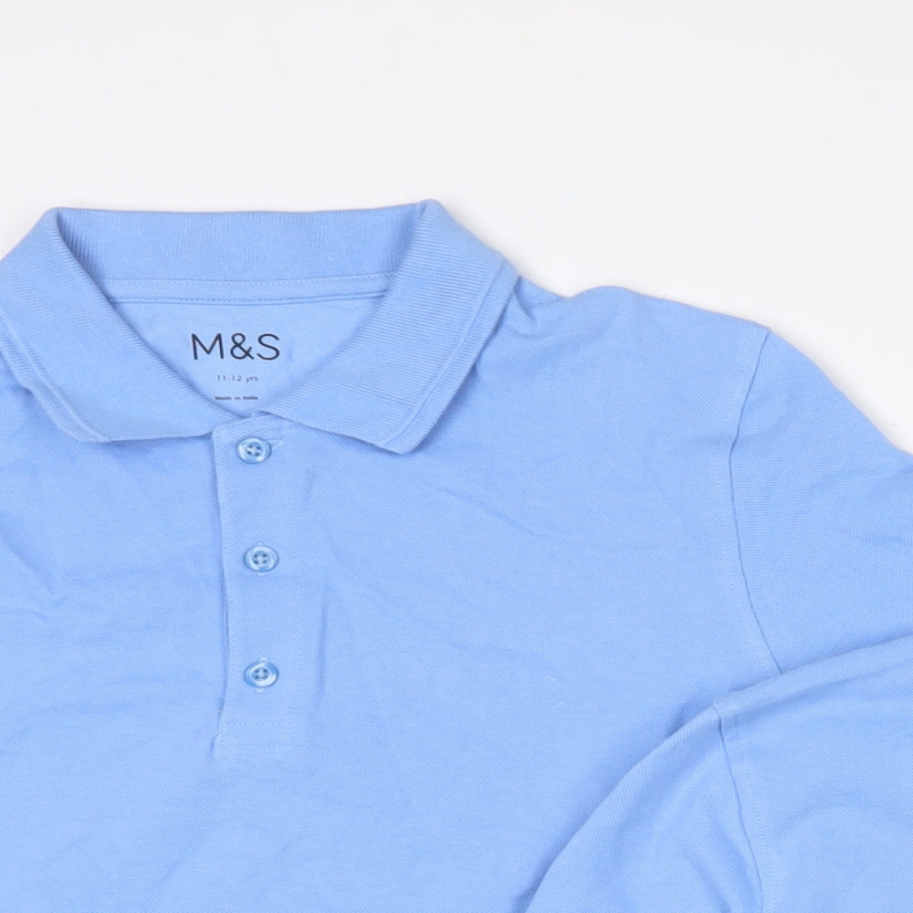 Marks and Spencer Boys Blue Cotton Basic Polo Size 11-12 Years Collared Button - School Wear. 2 Pack