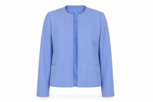 Front view of Dereta women’s blue jacket blazer, size UK 12, - open