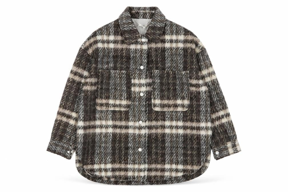 Front view of Missguided women’s brown plaid jacket, size UK 10, snap