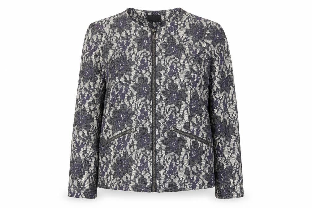 Front view of Klass women’s grey fair isle jacket, size UK 12, - zip pockets