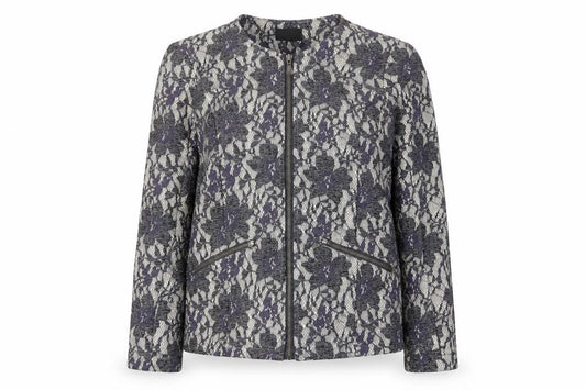 Front view of Klass women’s grey fair isle jacket, size UK 12, - zip pockets