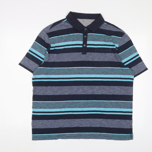 Marks and Spencer Mens Blue Striped Cotton Polo Size L Collared Button