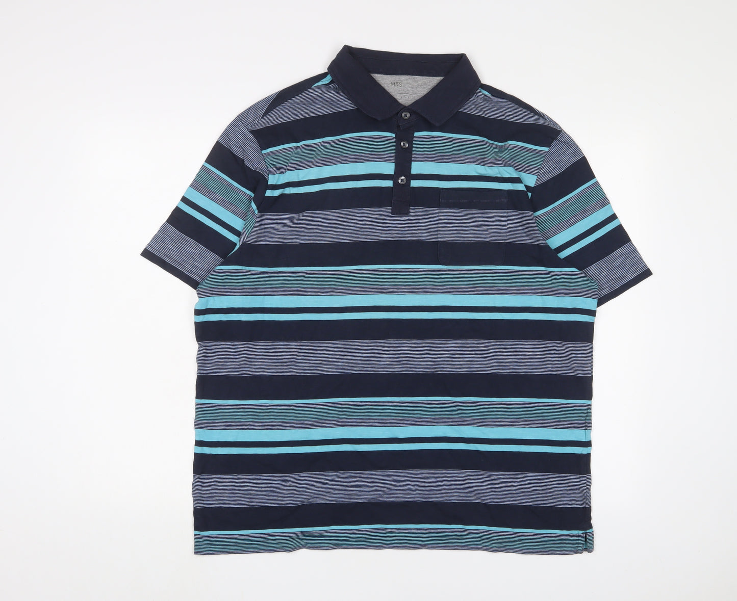 Marks and Spencer Mens Blue Striped Cotton Polo Size L Collared Button