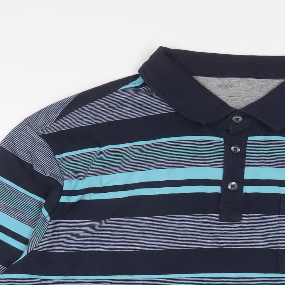 Marks and Spencer Mens Blue Striped Cotton Polo Size L Collared Button