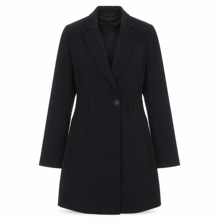 Front view of 4th & Reckless women’s black polyester jacket dress, size UK 8, v-neck button