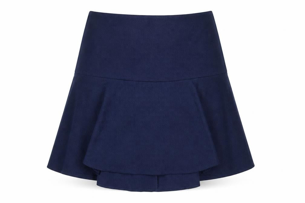 Front view of Next women’s blue polyester a-line skirt, size UK 14, zip