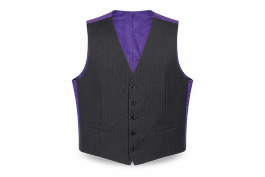 Front view of Marks & Spencer men’s grey polyester jacket suit waistcoat, size L, regular