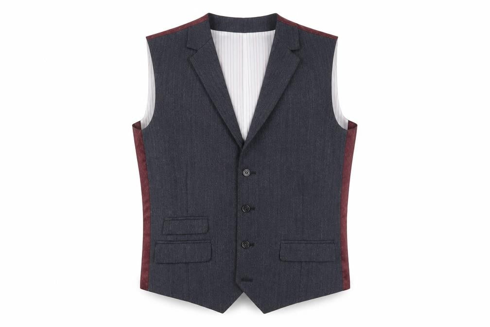 Front view of ONESIX5IVE men’s grey wool jacket suit waistcoat, size 36, regular