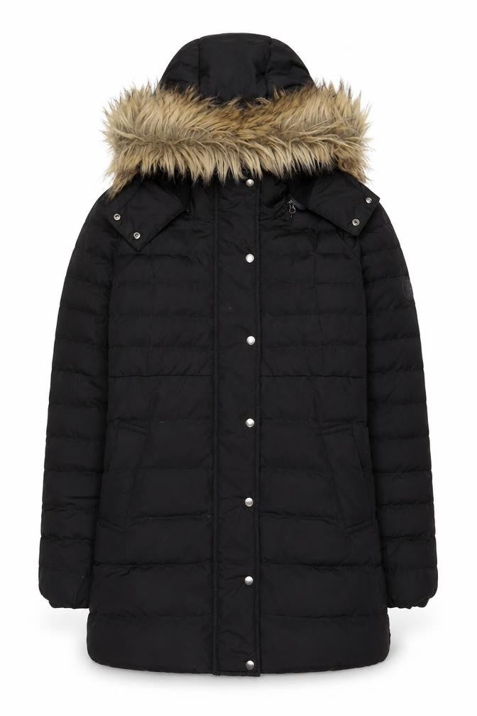 Front view of Seraphine women’s black parka coat, size UK 8, zip
