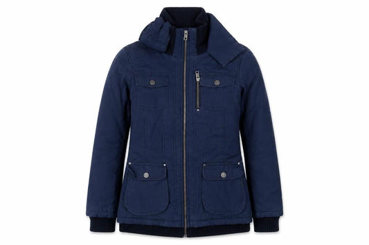 Front view of Madame women’s blue jacket, size UK 8, zip