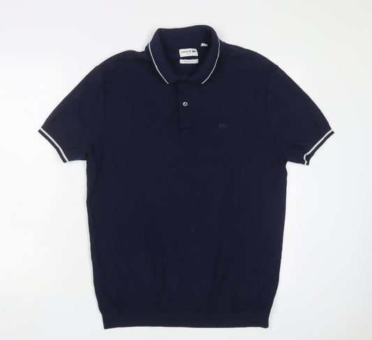 Lacoste Mens Blue Cotton Polo Size L Collared Button - Logo, Embroidered