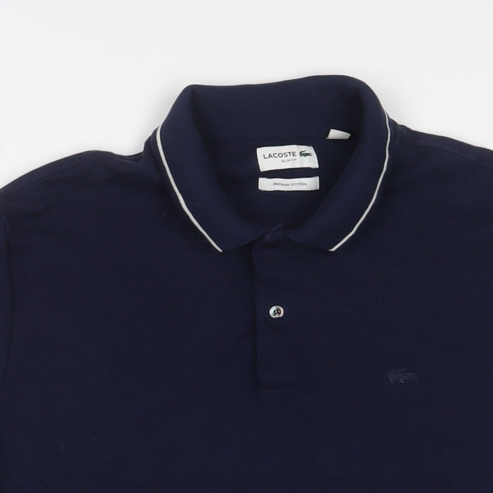 Lacoste Mens Blue Cotton Polo Size L Collared Button - Logo, Embroidered