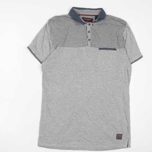 Brave Soul Mens Grey Geometric Cotton Polo Size M Collared Button - Logo, Embroidered