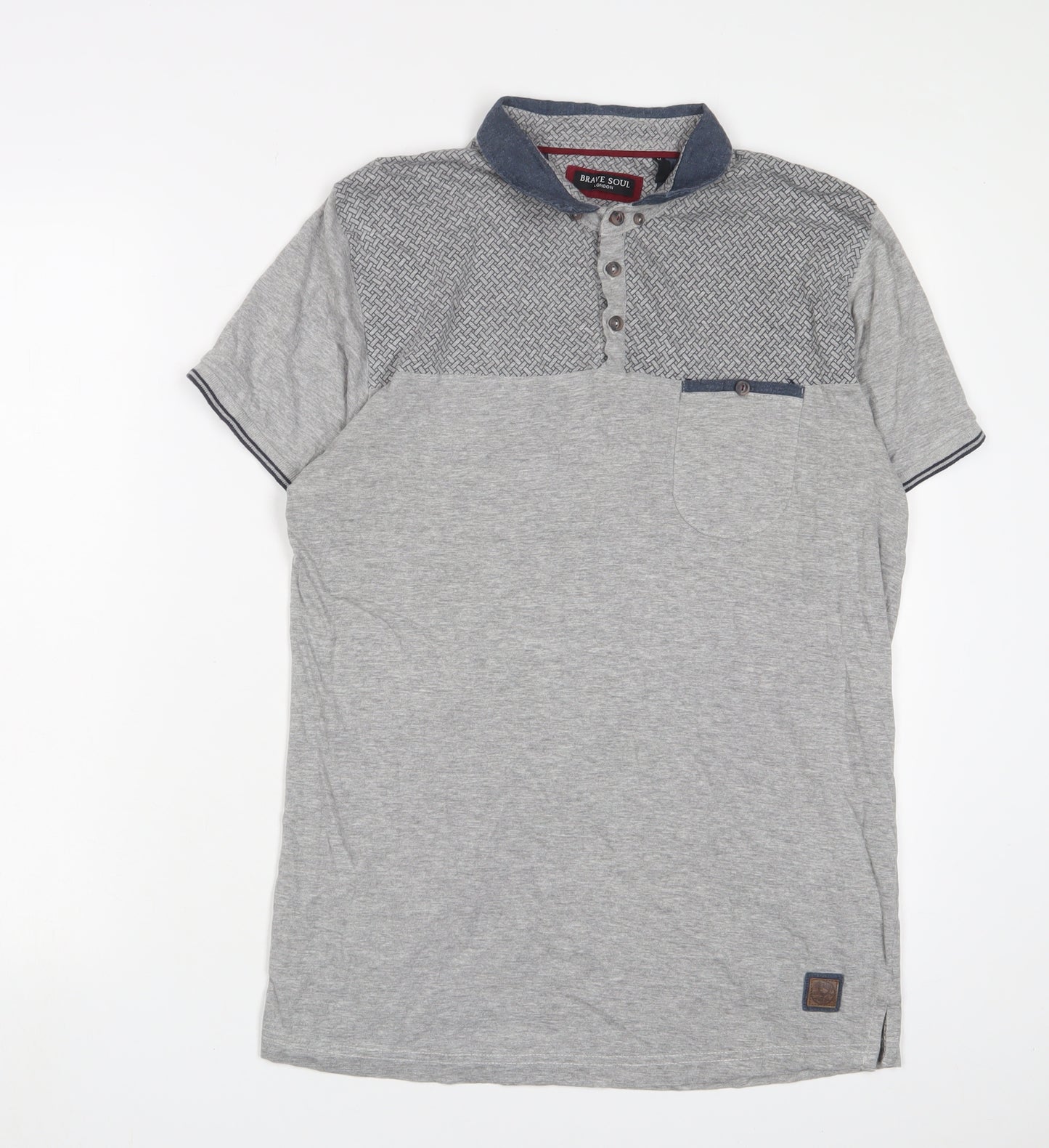 Brave Soul Mens Grey Geometric Cotton Polo Size M Collared Button - Logo, Embroidered