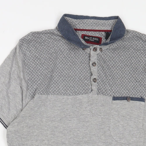 Brave Soul Mens Grey Geometric Cotton Polo Size M Collared Button - Logo, Embroidered