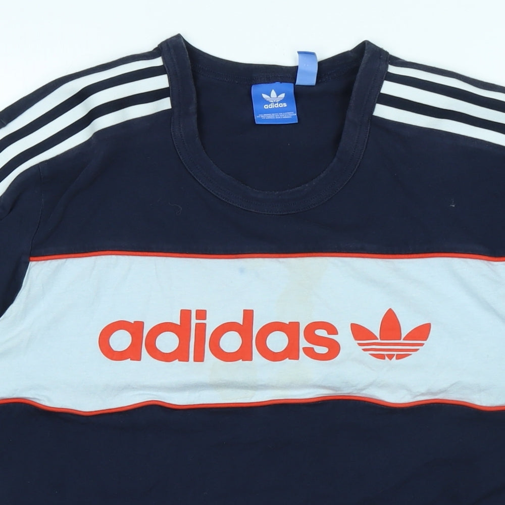 adidas Mens Blue Cotton T-Shirt Size L Crew Neck - Logo - Adidas