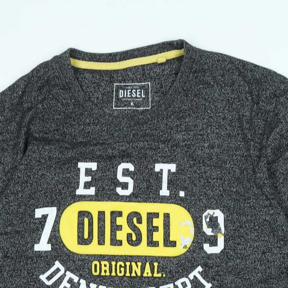 Diesel Mens Grey Cotton T-Shirt Size XL Crew Neck - Logo- Diesal