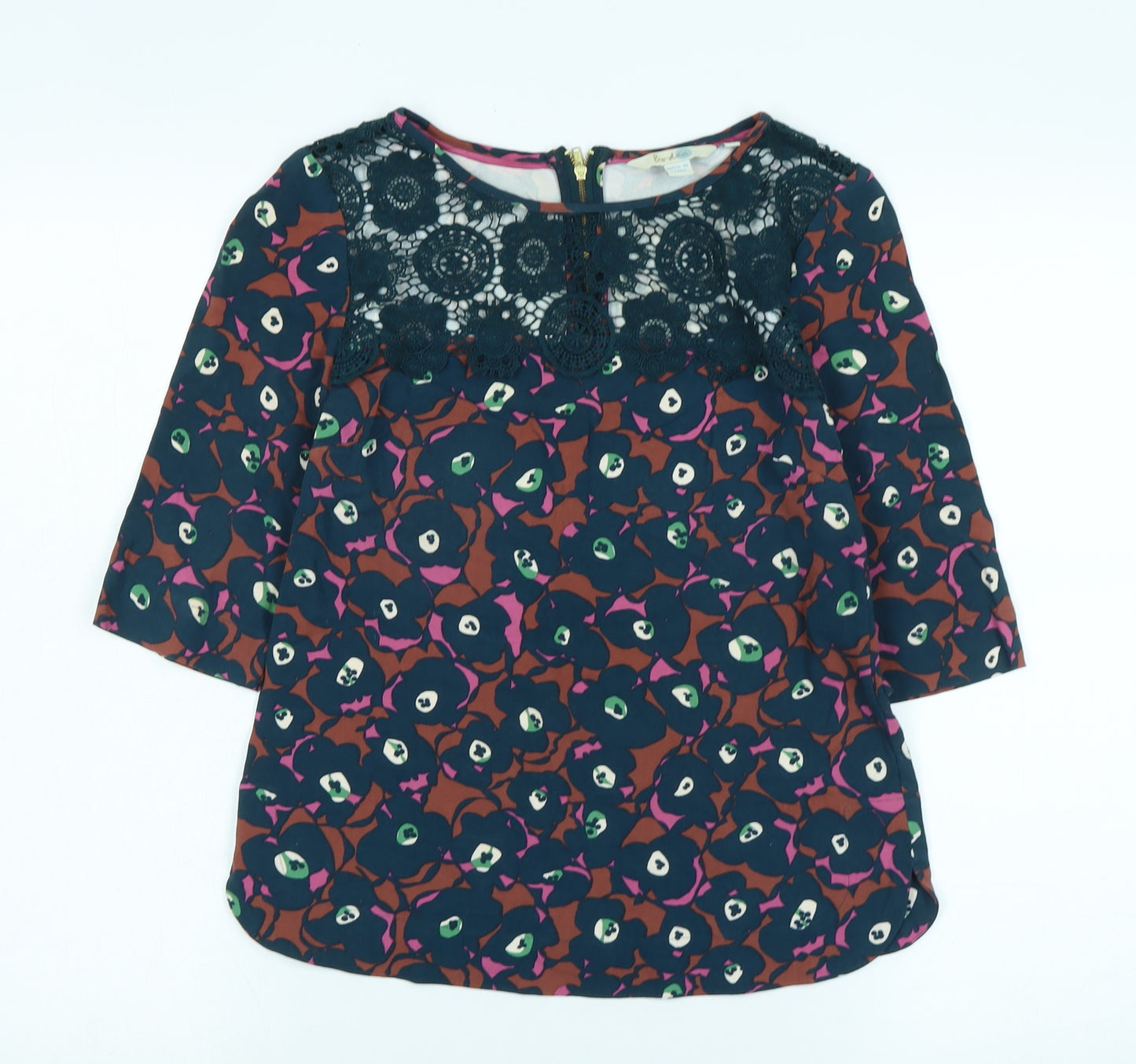 Boden Womens Blue Floral Cotton Jersey T-Shirt Size 6 Boat Neck - Logo