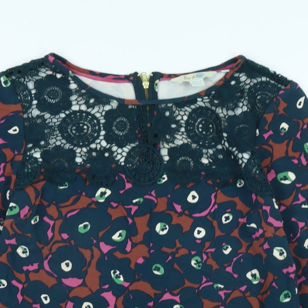 Boden Womens Blue Floral Cotton Jersey T-Shirt Size 6 Boat Neck - Logo