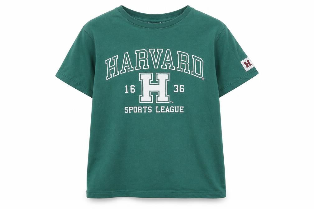 Front view of Harvard boys’ green cotton basic t-shirt, size 9-10, years crew neck - logo - harvard