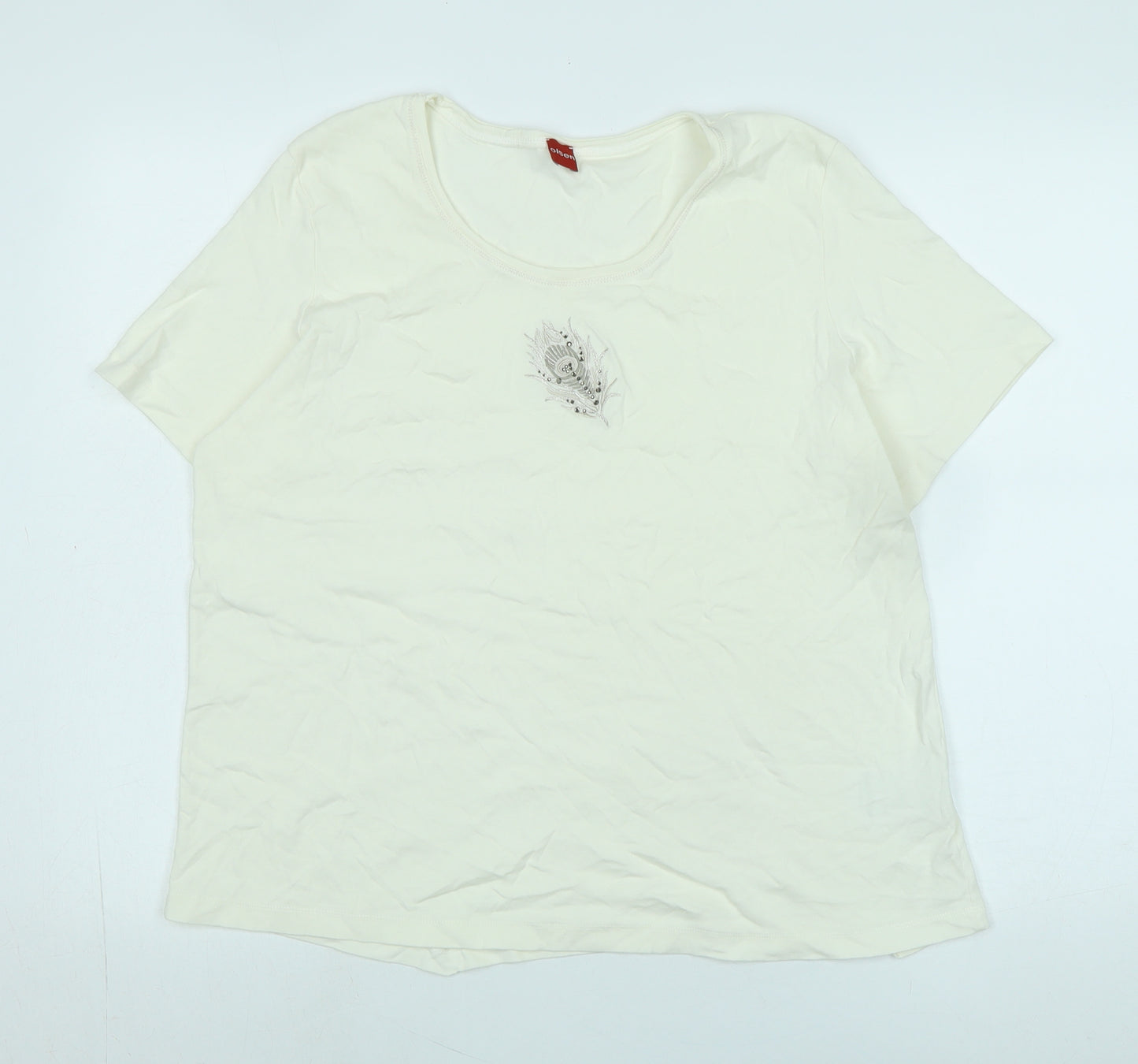 Olsen Womens Ivory Cotton Basic T-Shirt Size M Scoop Neck - Logo