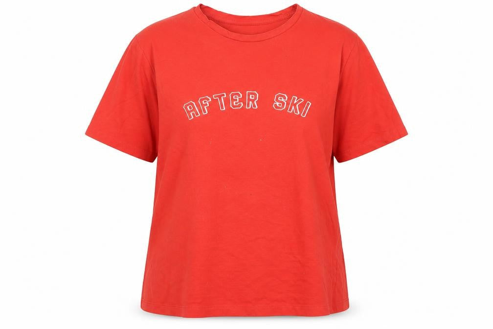 Front view of After ski women’s red cotton basic t-shirt, size S, crew neck - logo