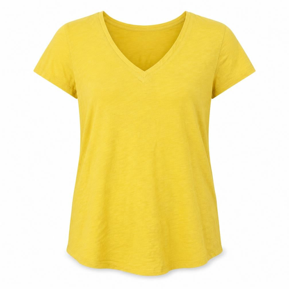 Front view of Gap women’s yellow cotton basic t-shirt, size S, v-neck - logo