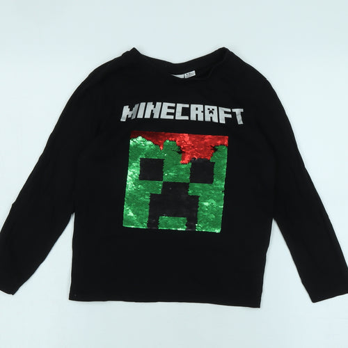 Minecraft Boys Black Cotton Basic T-Shirt Size 9-10 Years Crew Neck - Logo - Minecraft / Sequins