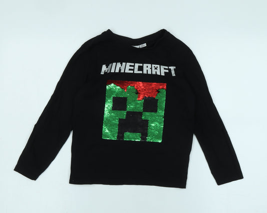 Minecraft Boys Black Cotton Basic T-Shirt Size 9-10 Years Crew Neck - Logo - Minecraft / Sequins