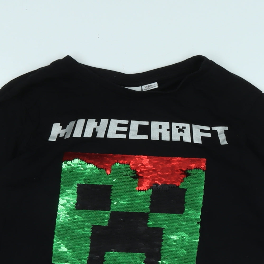 Minecraft Boys Black Cotton Basic T-Shirt Size 9-10 Years Crew Neck - Logo - Minecraft / Sequins