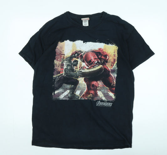 Front view of The Avengers men’s black cotton t-shirt, size L, crew neck - logo - the avengers