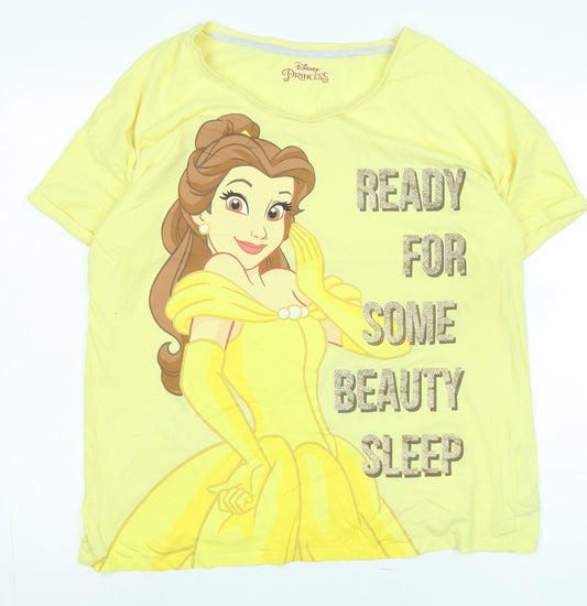 Disney Womens Yellow Cotton Basic T-Shirt Size L Scoop Neck - Logo - Sleeping beauty