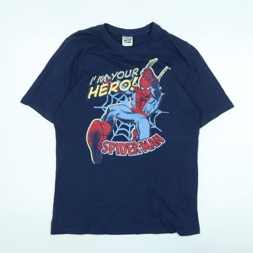 Marvel Mens Blue Cotton T-Shirt Size M Crew Neck - Logo - Spiderman
