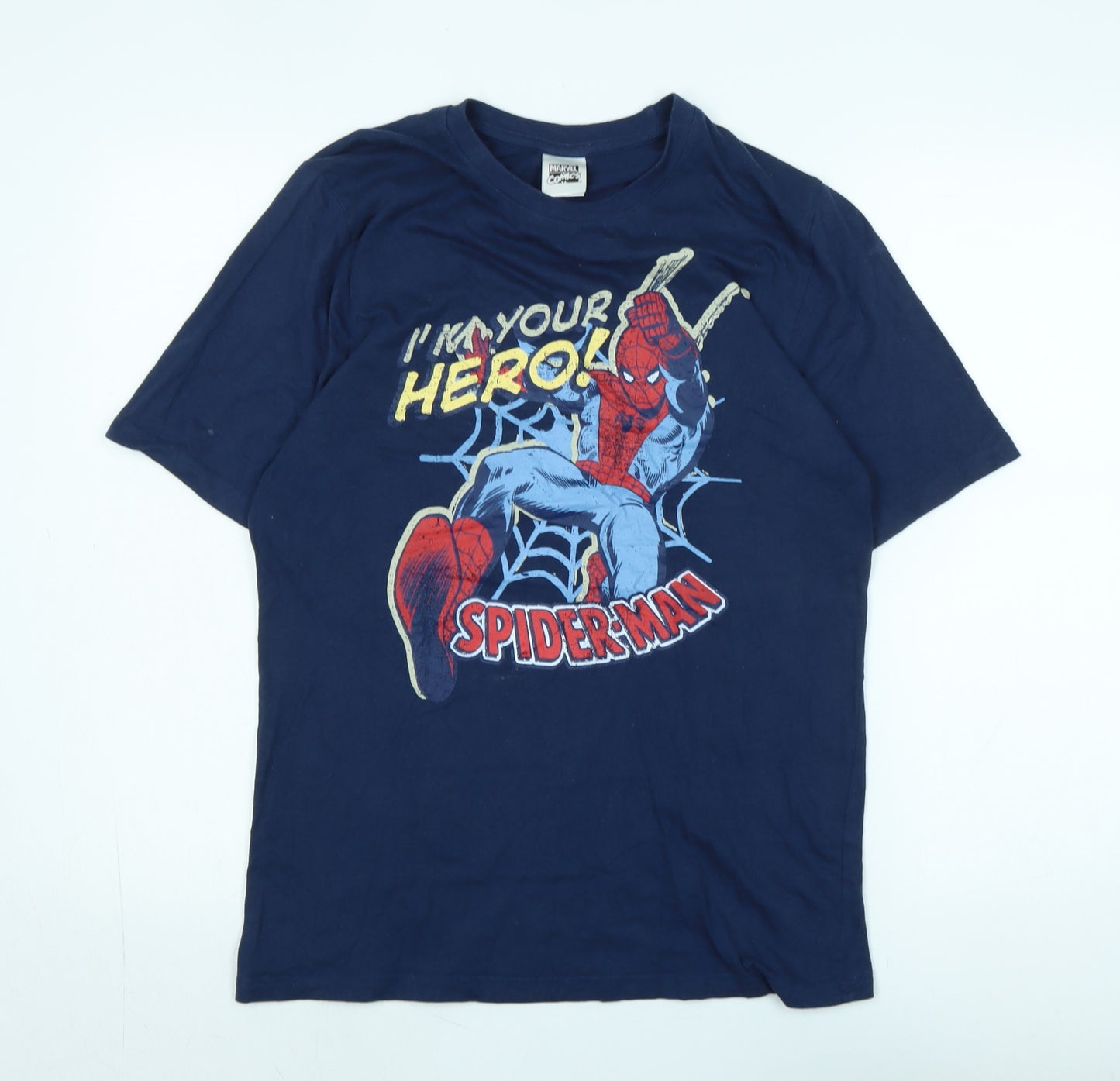 Marvel Mens Blue Cotton T-Shirt Size M Crew Neck - Logo - Spiderman
