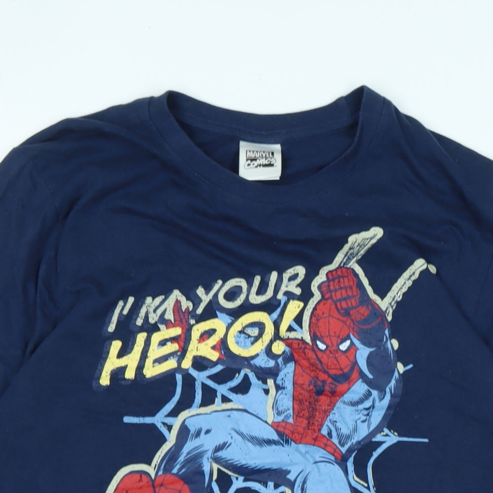 Marvel Mens Blue Cotton T-Shirt Size M Crew Neck - Logo - Spiderman