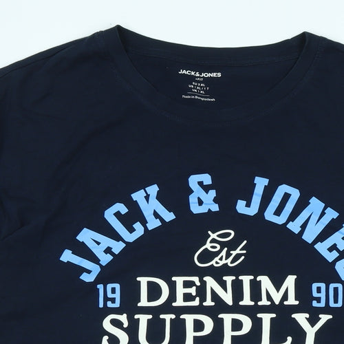 JACK & JONES Mens Blue Cotton T-Shirt Size XL Crew Neck - Logo - Jack Jones