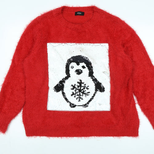 Klass Womens Red Crew Neck Polyacrylate Fibre Pullover Jumper Size L - Logo - Penguin in Sequins