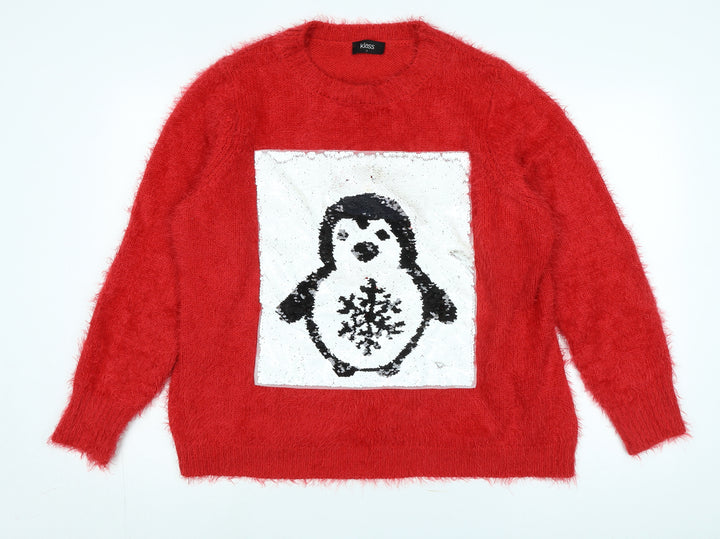 Klass Womens Red Crew Neck Polyacrylate Fibre Pullover Jumper Size L - Logo - Penguin in Sequins