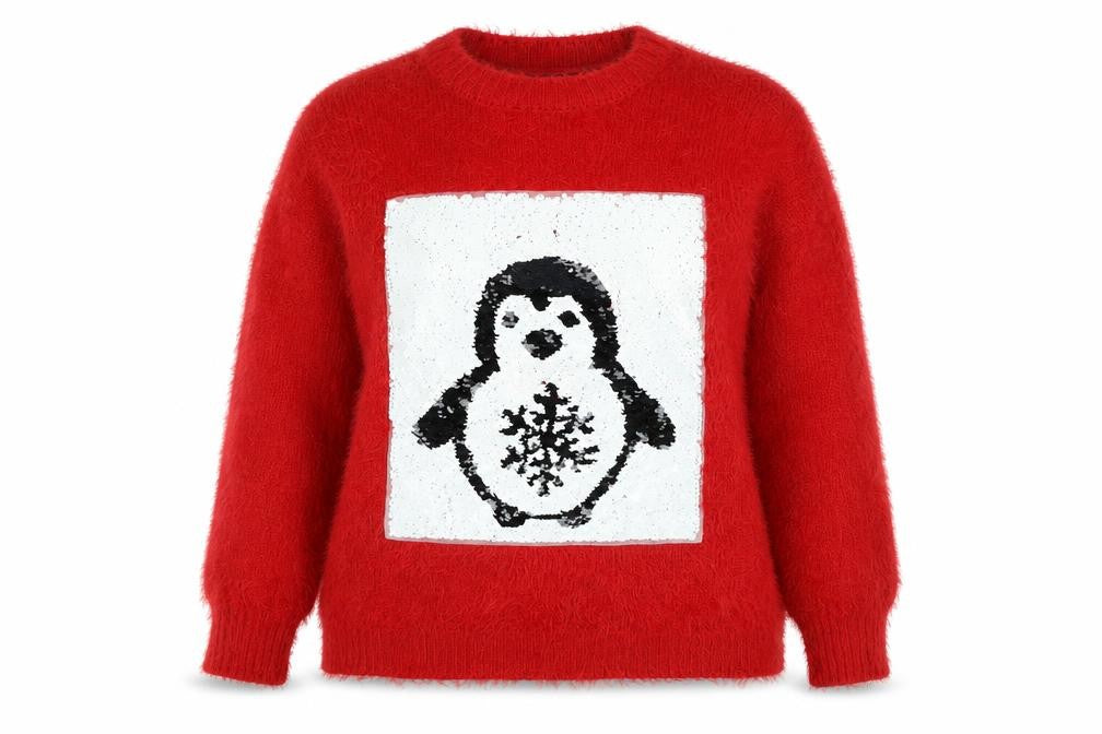 Klass Womens Red Crew Neck Polyacrylate Fibre Pullover Jumper Size L - Logo - Penguin in Sequins