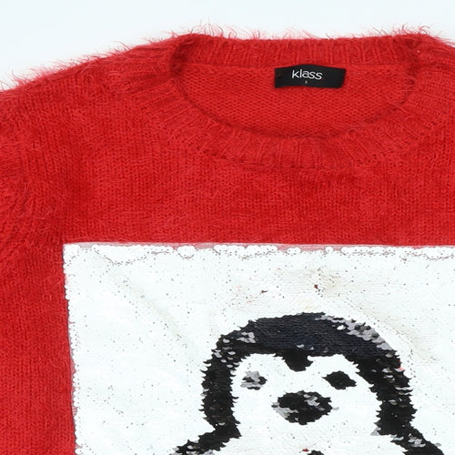 Klass Womens Red Crew Neck Polyacrylate Fibre Pullover Jumper Size L - Logo - Penguin in Sequins