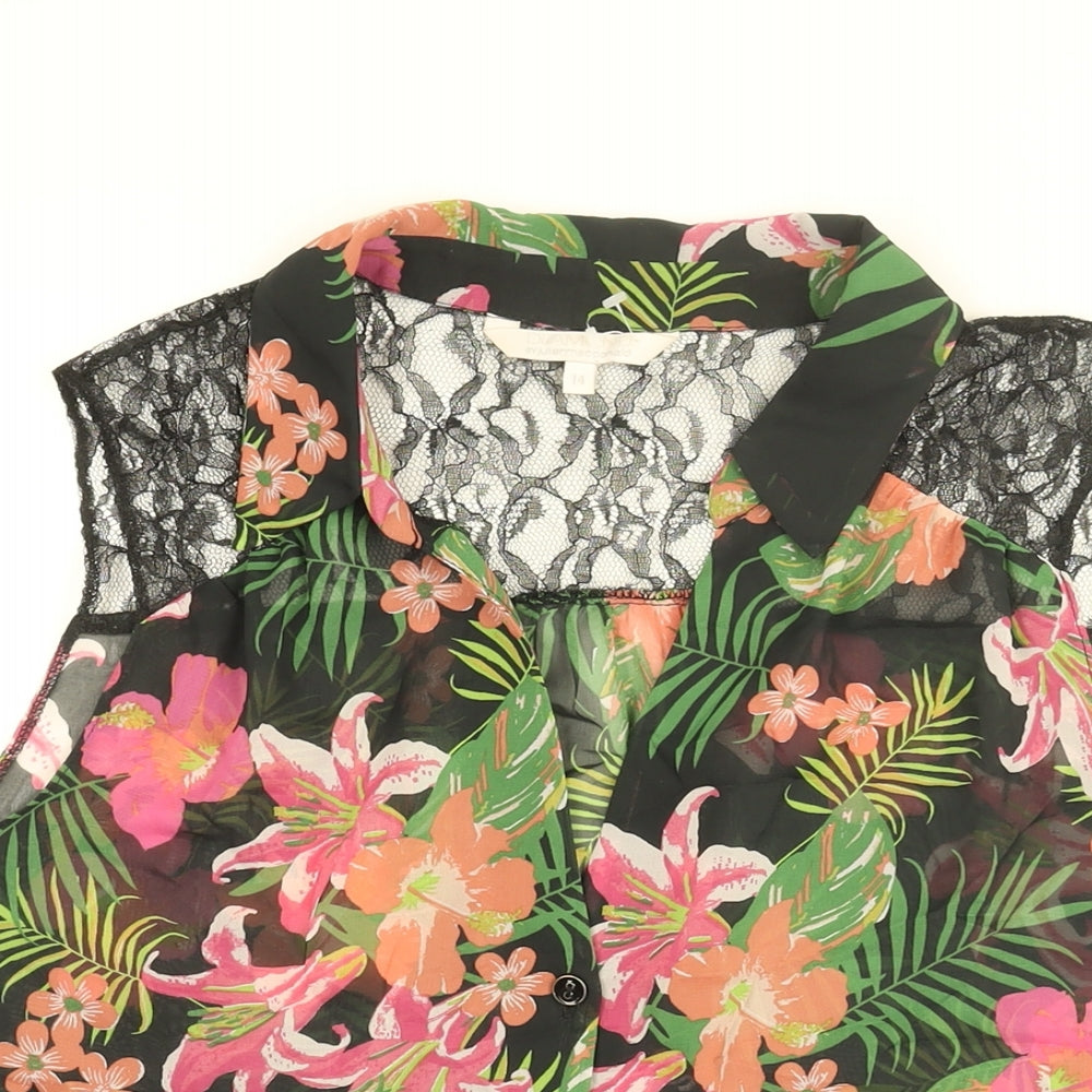 Julien Macdonald Womens Black Floral Polyester Basic Blouse Size 14 Collared