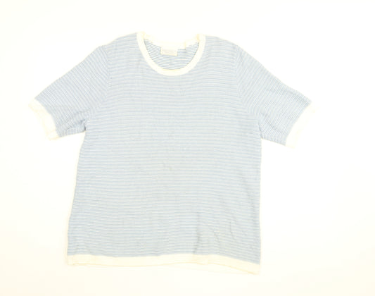 Cotswold Collection Womens Blue Striped Cotton Basic T-Shirt Size L Round Neck